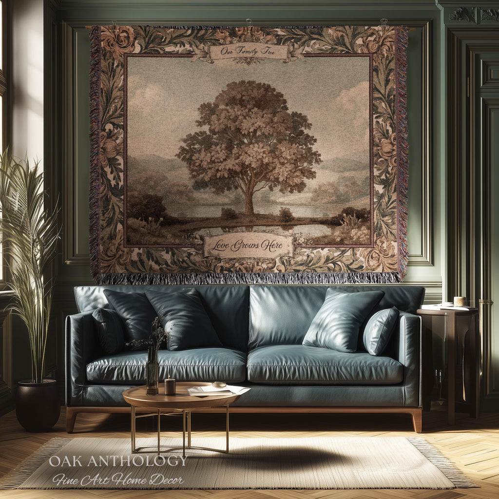 Old World Charm Wall Hanging Chestnut Family Tree Custom Names Tapestry | Heirloom Woven Throw Personalized Verdure Ancestral Keepsake Gift
