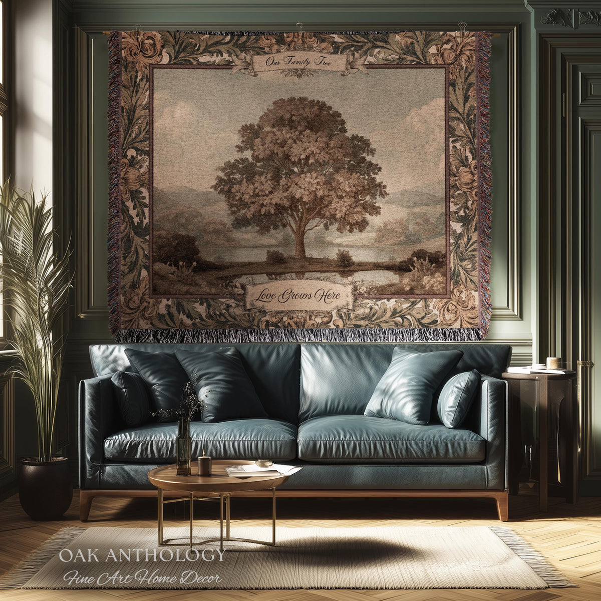 Old World Charm Wall Hanging Chestnut Family Tree Custom Names Tapestry | Heirloom Woven Throw Personalized Verdure Ancestral Keepsake Gift