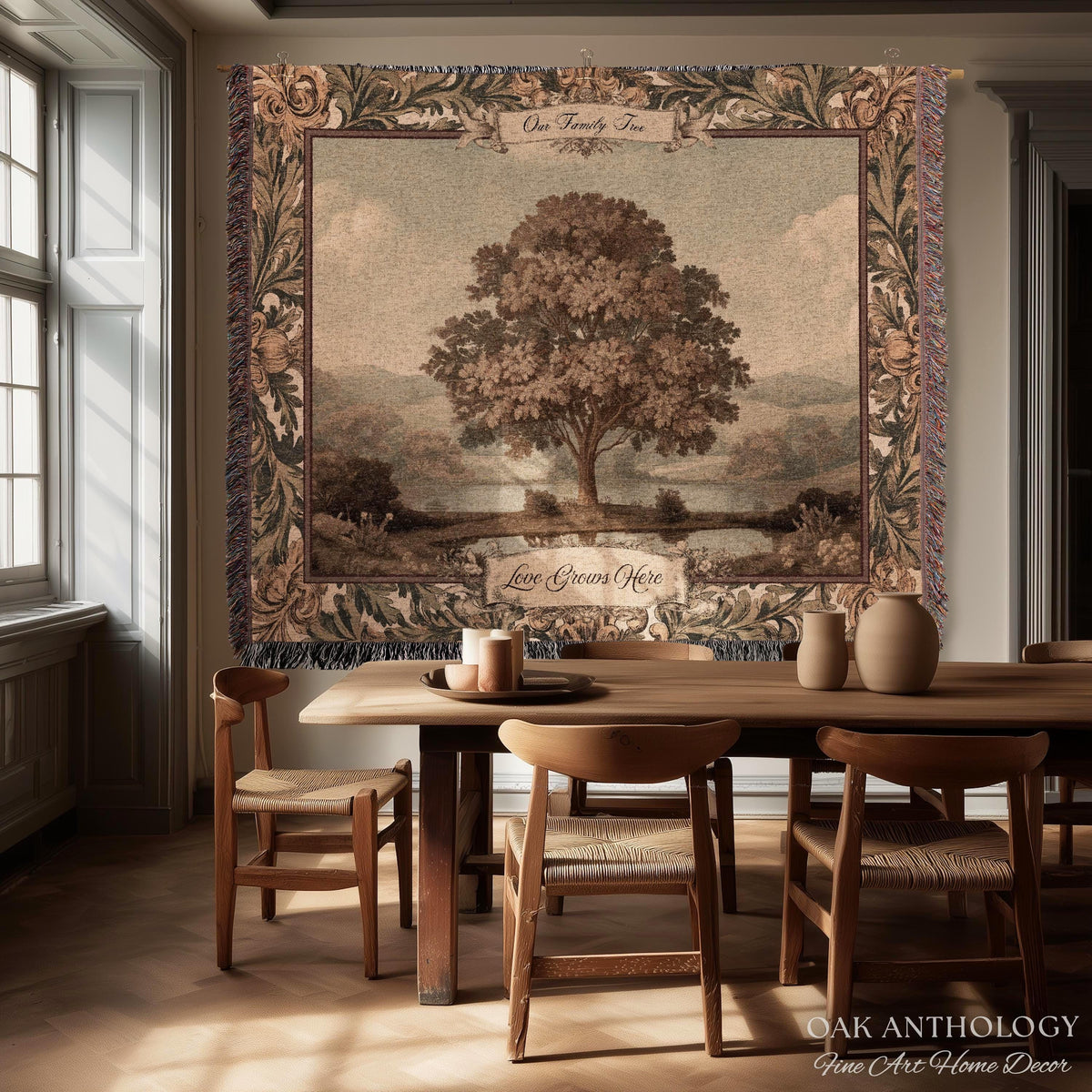 Old World Charm Wall Hanging Chestnut Family Tree Custom Names Tapestry | Heirloom Woven Throw Personalized Verdure Ancestral Keepsake Gift