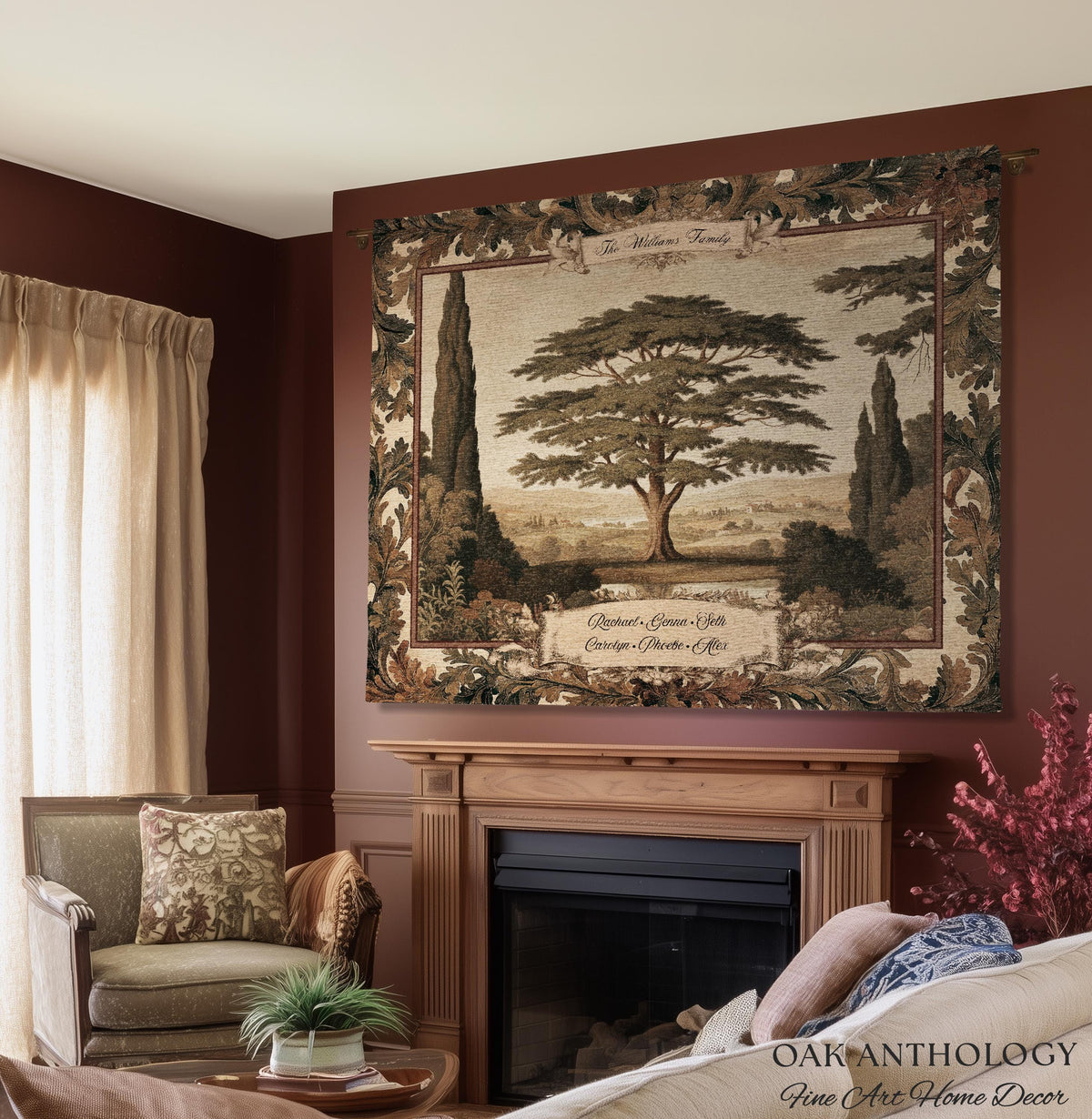 Majestic Cedar Tree Personalized Family Name Tapestry Wall Hanging | Custom Legacy Home Gift Verdure Woven Blanket Sentimental Keepsake Art