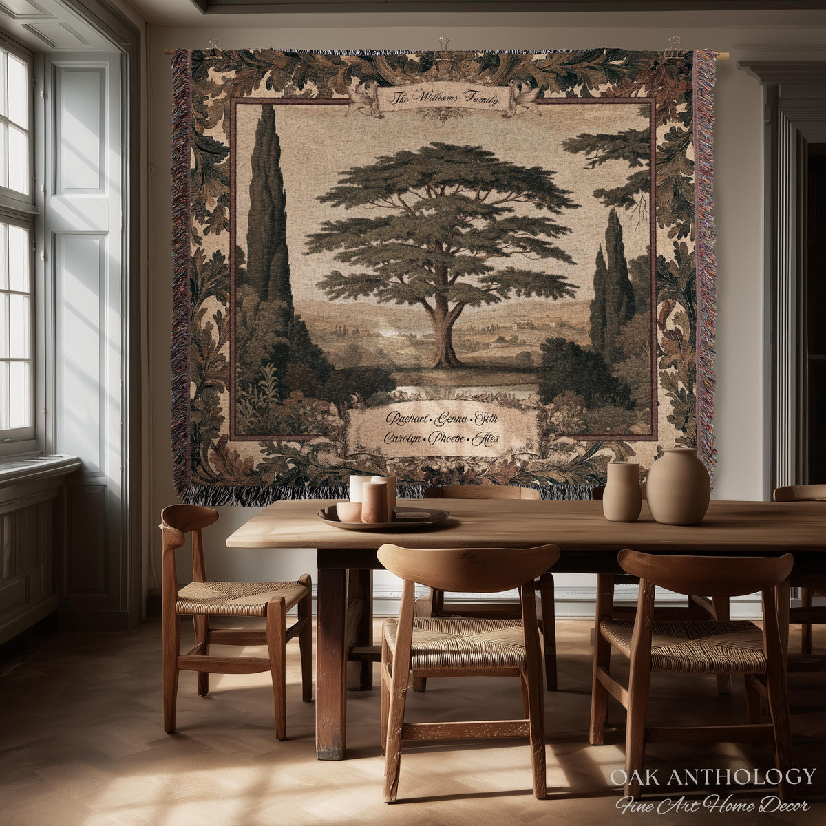 Majestic Cedar Tree Personalized Family Name Tapestry Wall Hanging | Custom Legacy Home Gift Verdure Woven Blanket Sentimental Keepsake Art