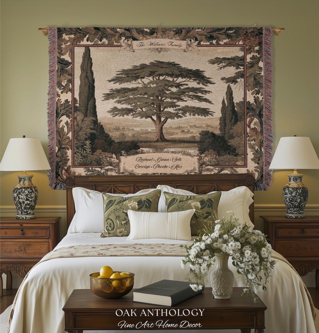 Majestic Cedar Tree Personalized Family Name Tapestry Wall Hanging | Custom Legacy Home Gift Verdure Woven Blanket Sentimental Keepsake Art