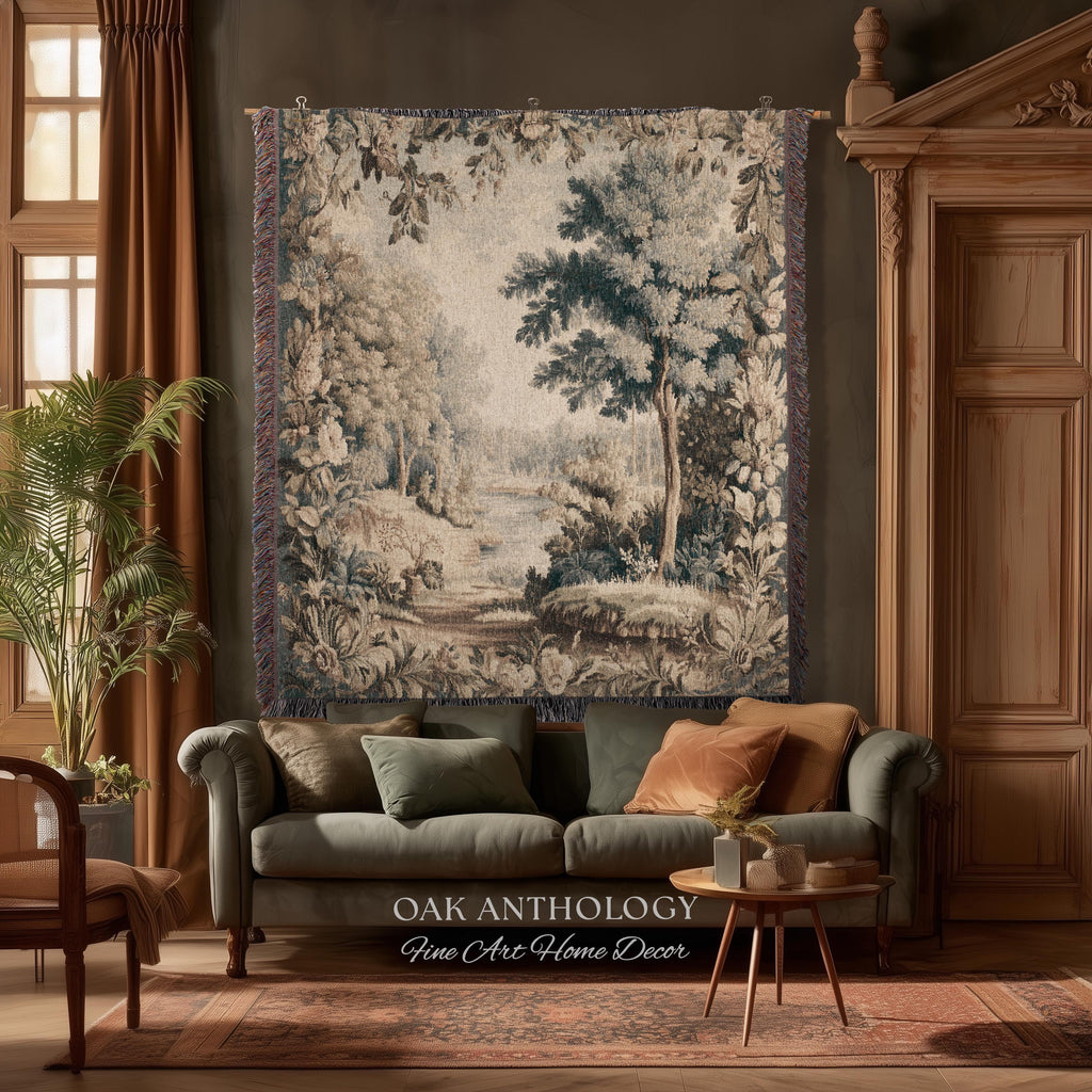Old World Charm Elegant Landscape Rustic Nature Botanical Art Living Room Decor | Antique Verdure Forest Stream Woven Tapestry Wall Hanging