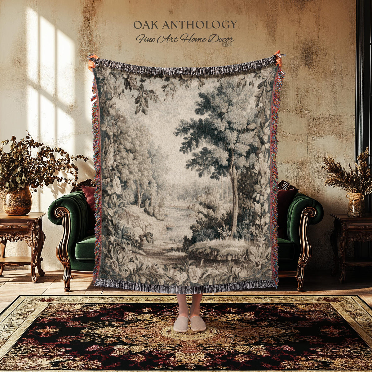 Old World Charm Elegant Landscape Rustic Nature Botanical Art Living Room Decor | Antique Verdure Forest Stream Woven Tapestry Wall Hanging