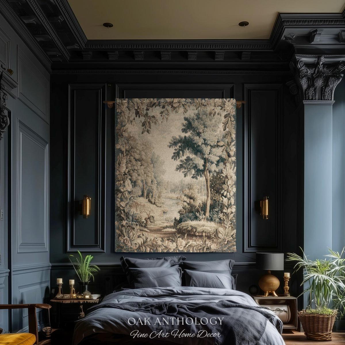 Old World Charm Elegant Landscape Rustic Nature Botanical Art Living Room Decor | Antique Verdure Forest Stream Woven Tapestry Wall Hanging
