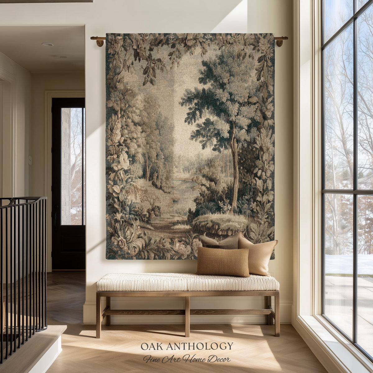 Old World Charm Elegant Landscape Rustic Nature Botanical Art Living Room Decor | Antique Verdure Forest Stream Woven Tapestry Wall Hanging