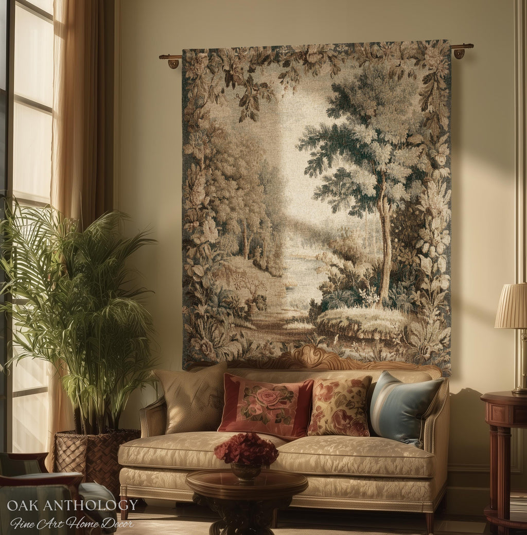 Old World Charm Elegant Landscape Rustic Nature Botanical Art Living Room Decor | Antique Verdure Forest Stream Woven Tapestry Wall Hanging
