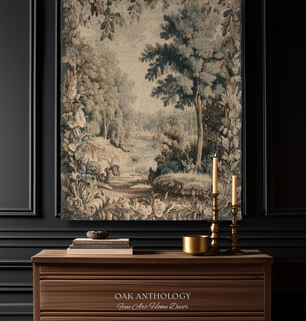 Old World Charm Elegant Landscape Rustic Nature Botanical Art Living Room Decor | Antique Verdure Forest Stream Woven Tapestry Wall Hanging
