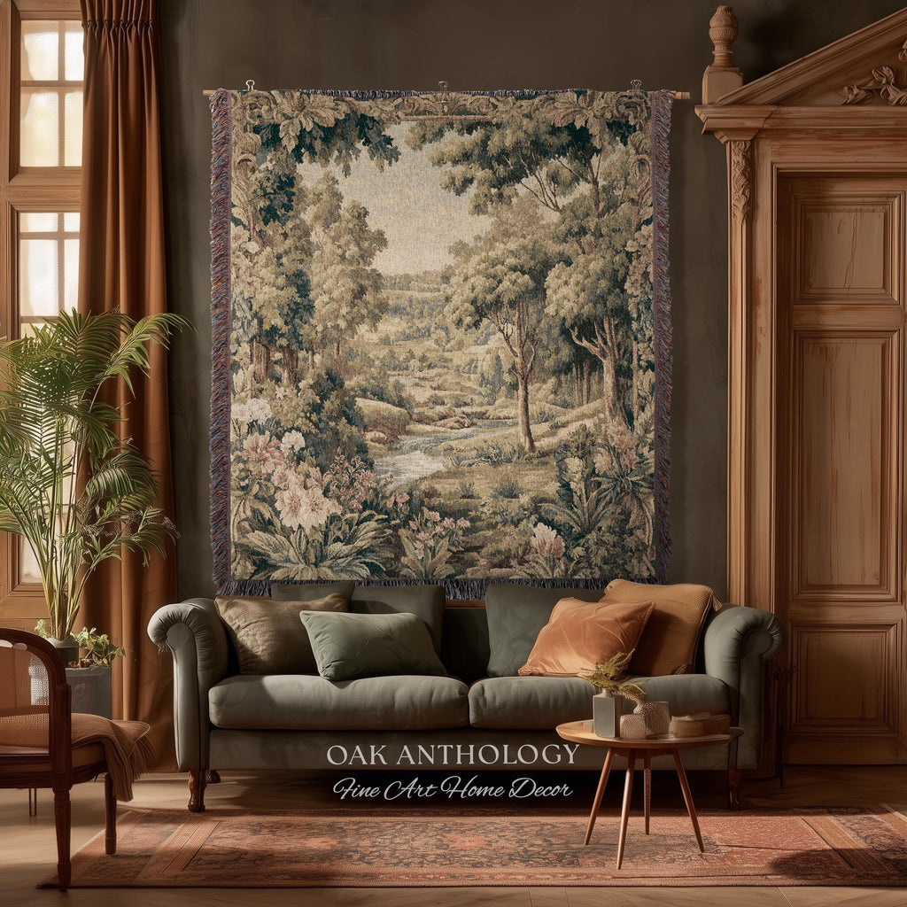 French Floral Woodland River Tapestry Aubusson Style Romantic Rolling Hills Decor | Old World Verdure European Elegant Rustic Charm Wall Art