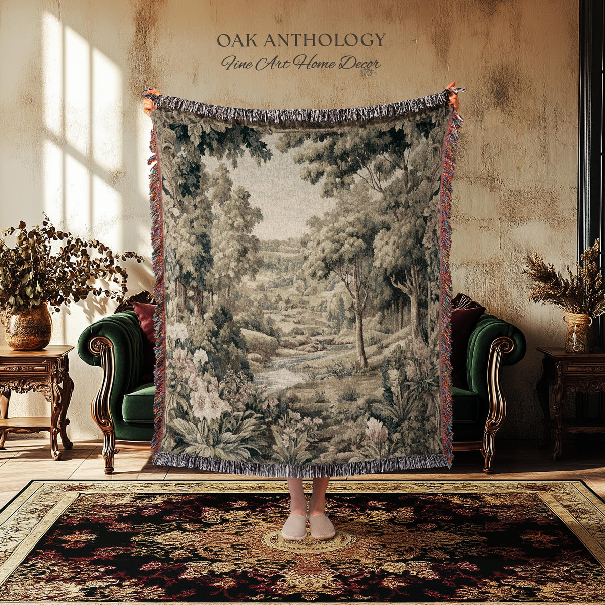 French Floral Woodland River Tapestry Aubusson Style Romantic Rolling Hills Decor | Old World Verdure European Elegant Rustic Charm Wall Art