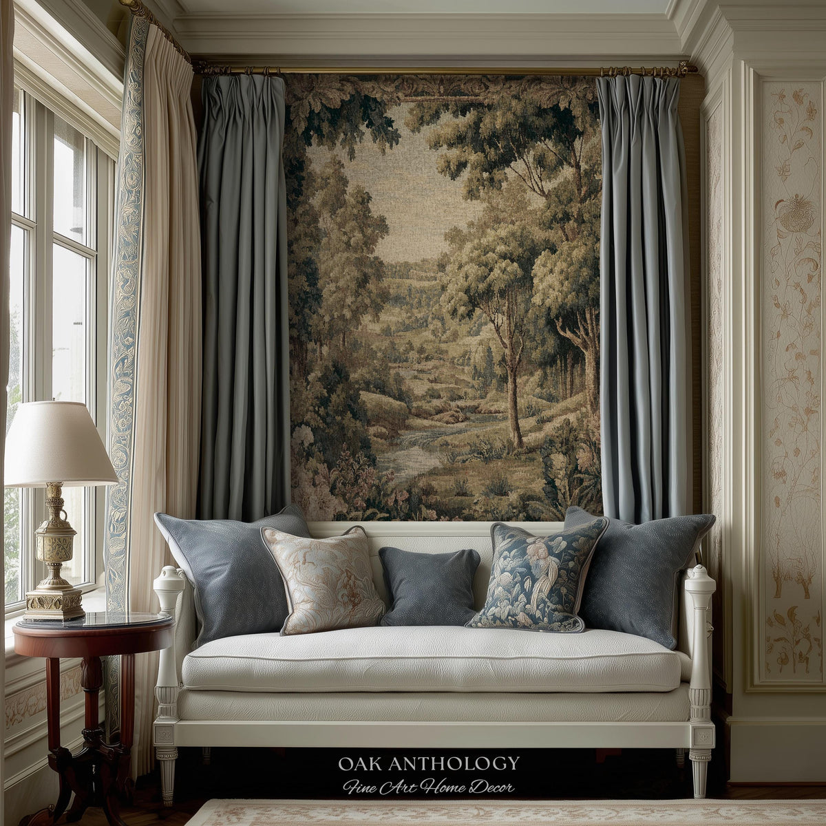 French Floral Woodland River Tapestry Aubusson Style Romantic Rolling Hills Decor | Old World Verdure European Elegant Rustic Charm Wall Art