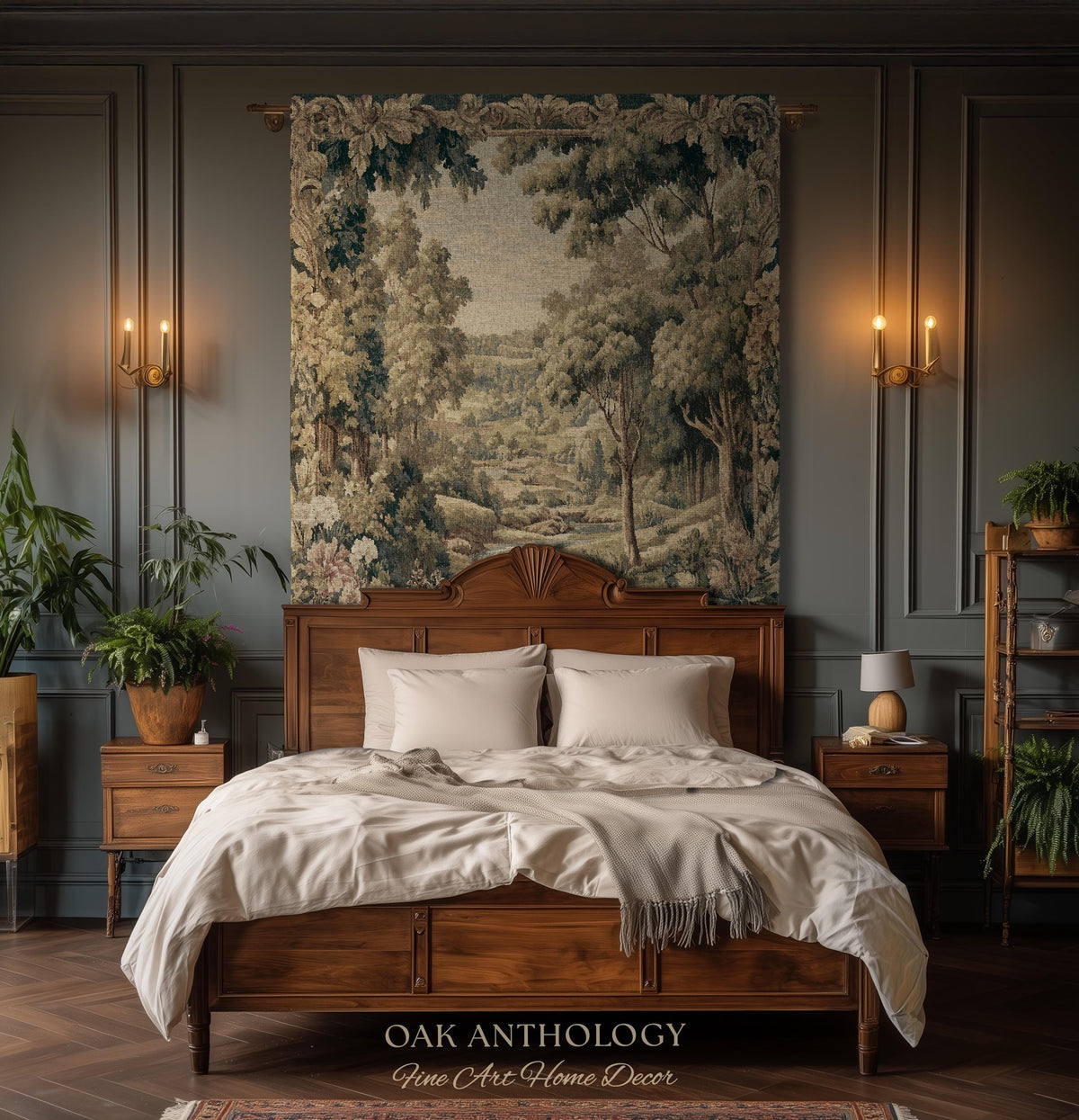 French Floral Woodland River Tapestry Aubusson Style Romantic Rolling Hills Decor | Old World Verdure European Elegant Rustic Charm Wall Art