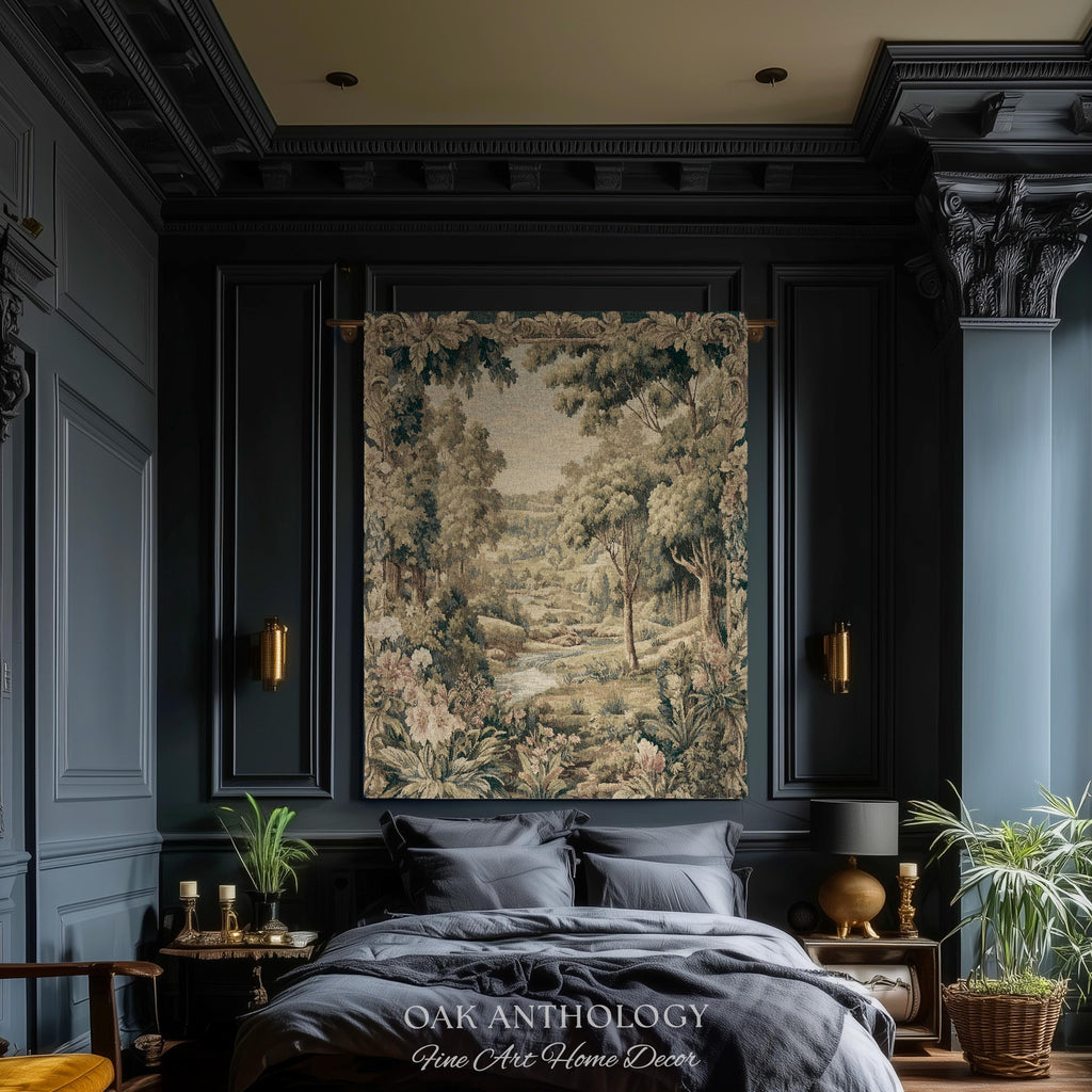 French Floral Woodland River Tapestry Aubusson Style Romantic Rolling Hills Decor | Old World Verdure European Elegant Rustic Charm Wall Art