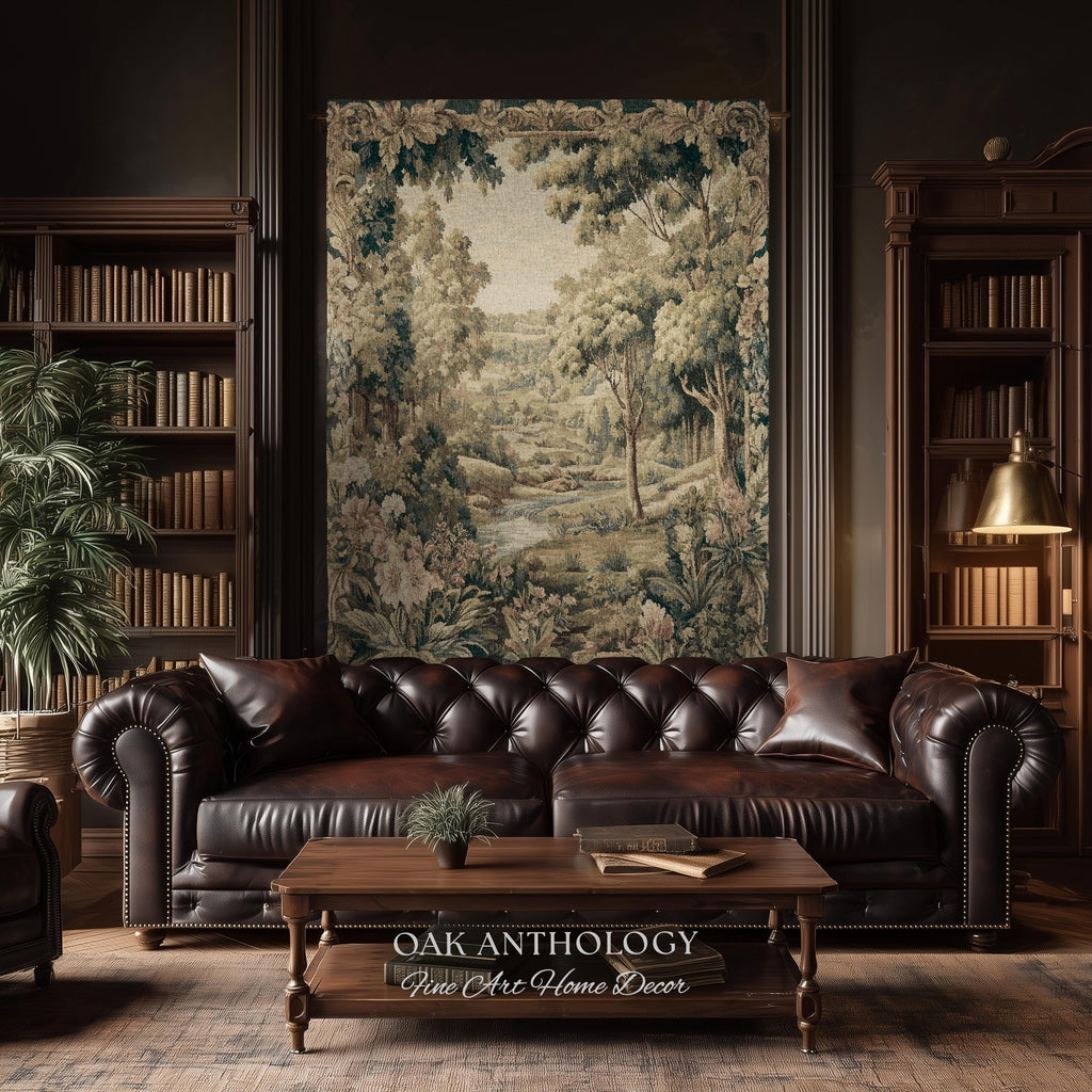 French Floral Woodland River Tapestry Aubusson Style Romantic Rolling Hills Decor | Old World Verdure European Elegant Rustic Charm Wall Art