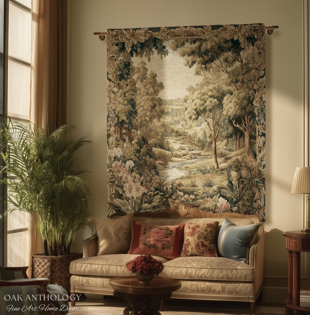 French Floral Woodland River Tapestry Aubusson Style Romantic Rolling Hills Decor | Old World Verdure European Elegant Rustic Charm Wall Art