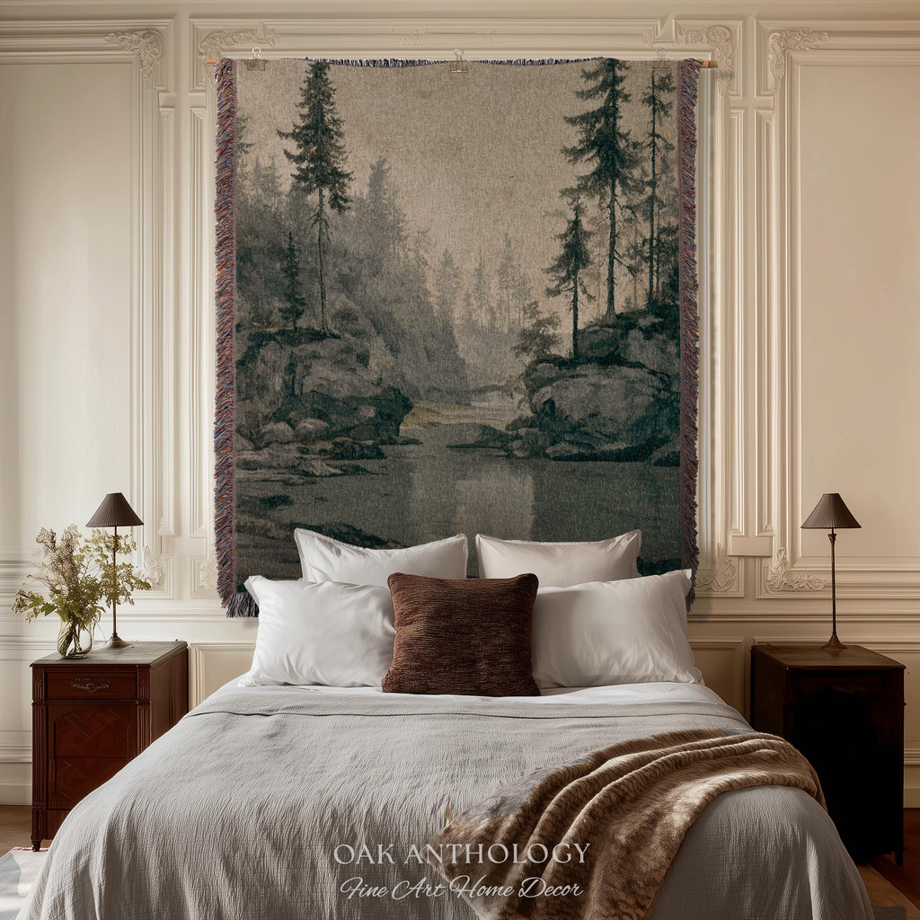Misty Pine Forest Woven Tapestry Wall Hanging | Foggy River Landscape Antique Woodland Grove of Trees Rustic Throw Neutral Toned Art Decor