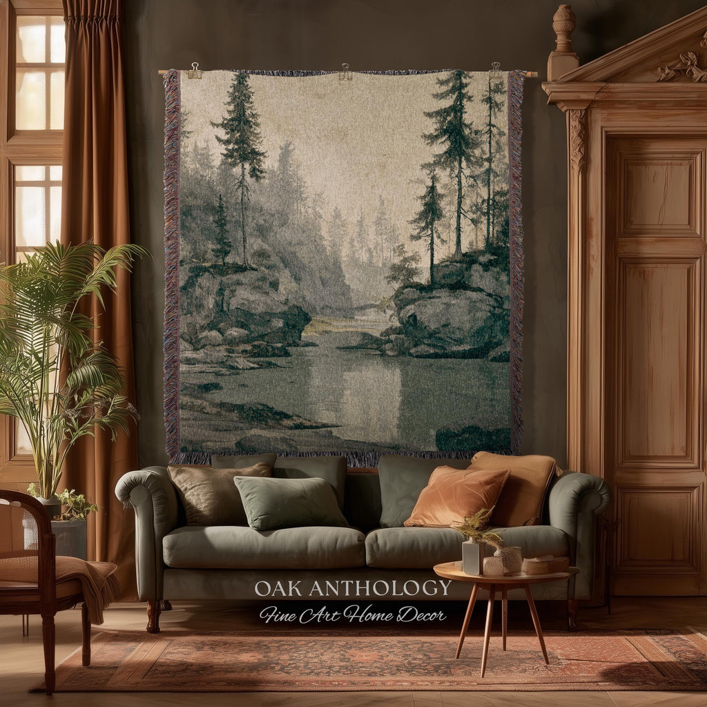Misty Pine Forest Woven Tapestry Wall Hanging | Foggy River Landscape Antique Woodland Grove of Trees Rustic Throw Neutral Toned Art Decor