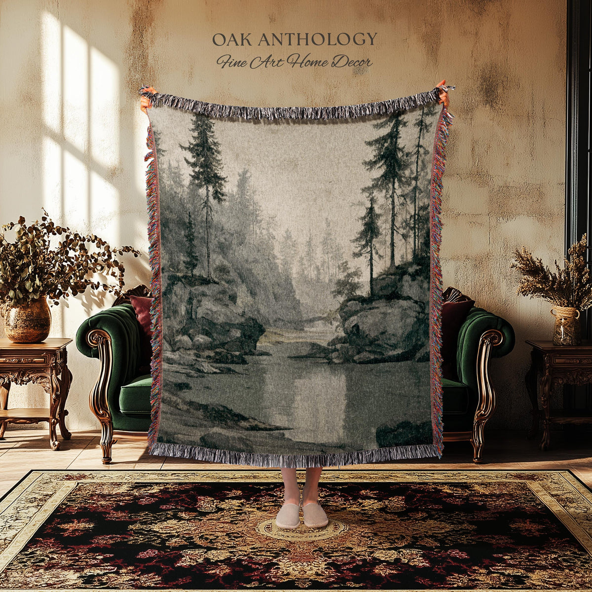 Misty Pine Forest Woven Tapestry Wall Hanging | Foggy River Landscape Antique Woodland Grove of Trees Rustic Throw Neutral Toned Art Decor