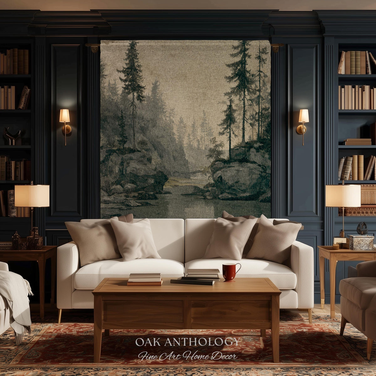 Misty Pine Forest Woven Tapestry Wall Hanging | Foggy River Landscape Antique Woodland Grove of Trees Rustic Throw Neutral Toned Art Decor