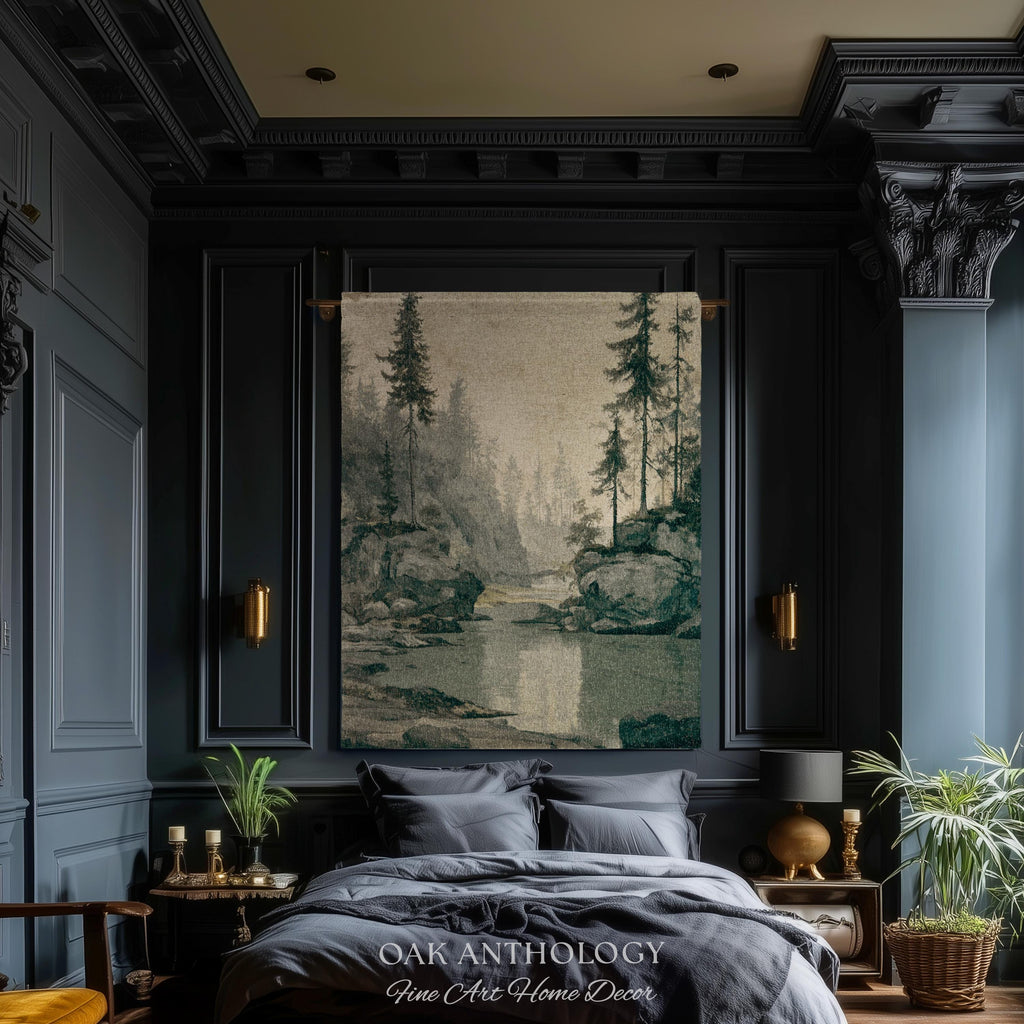 Misty Pine Forest Woven Tapestry Wall Hanging | Foggy River Landscape Antique Woodland Grove of Trees Rustic Throw Neutral Toned Art Decor