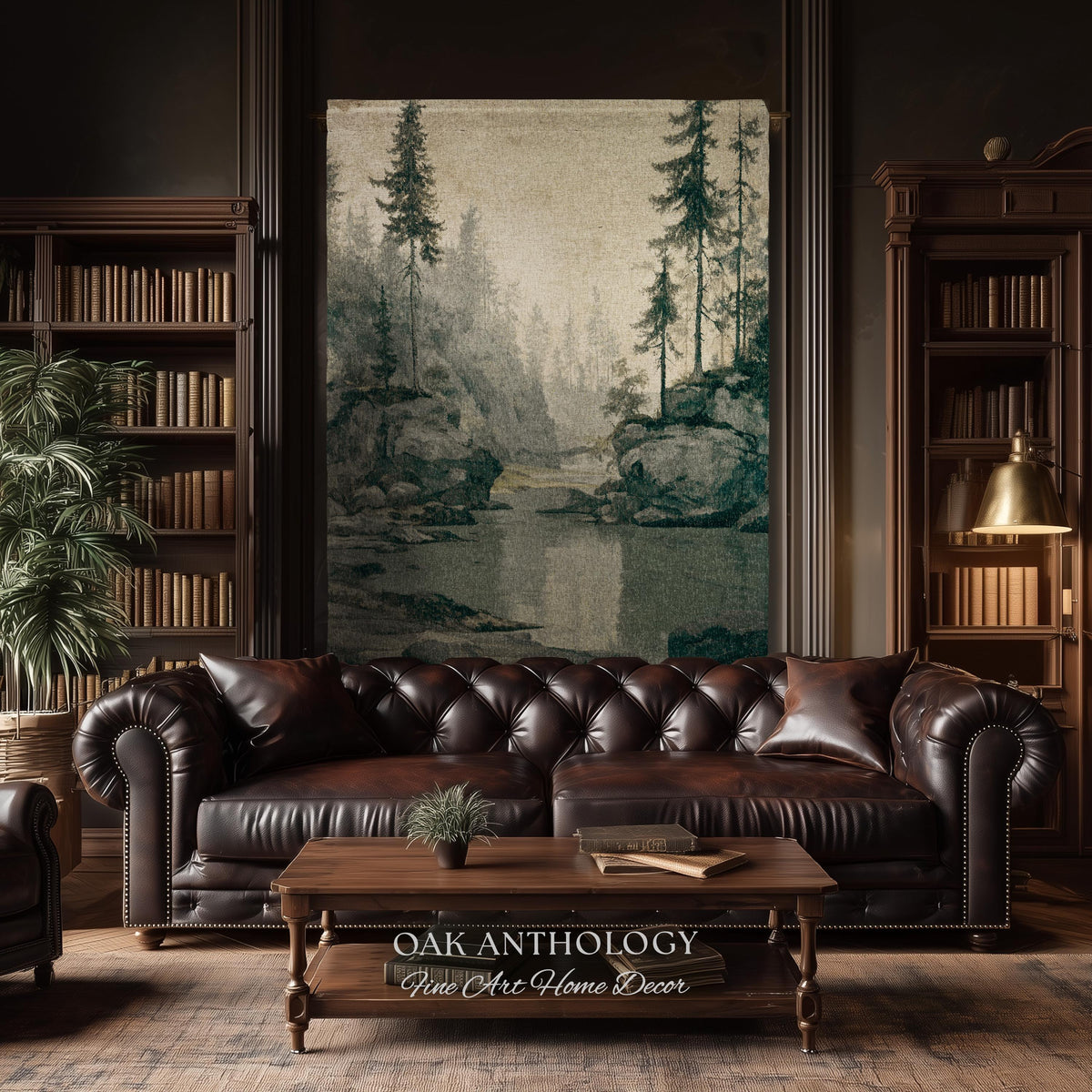 Misty Pine Forest Woven Tapestry Wall Hanging | Foggy River Landscape Antique Woodland Grove of Trees Rustic Throw Neutral Toned Art Decor