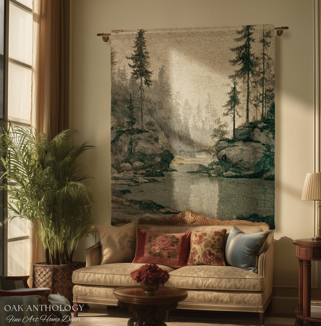 Misty Pine Forest Woven Tapestry Wall Hanging | Foggy River Landscape Antique Woodland Grove of Trees Rustic Throw Neutral Toned Art Decor