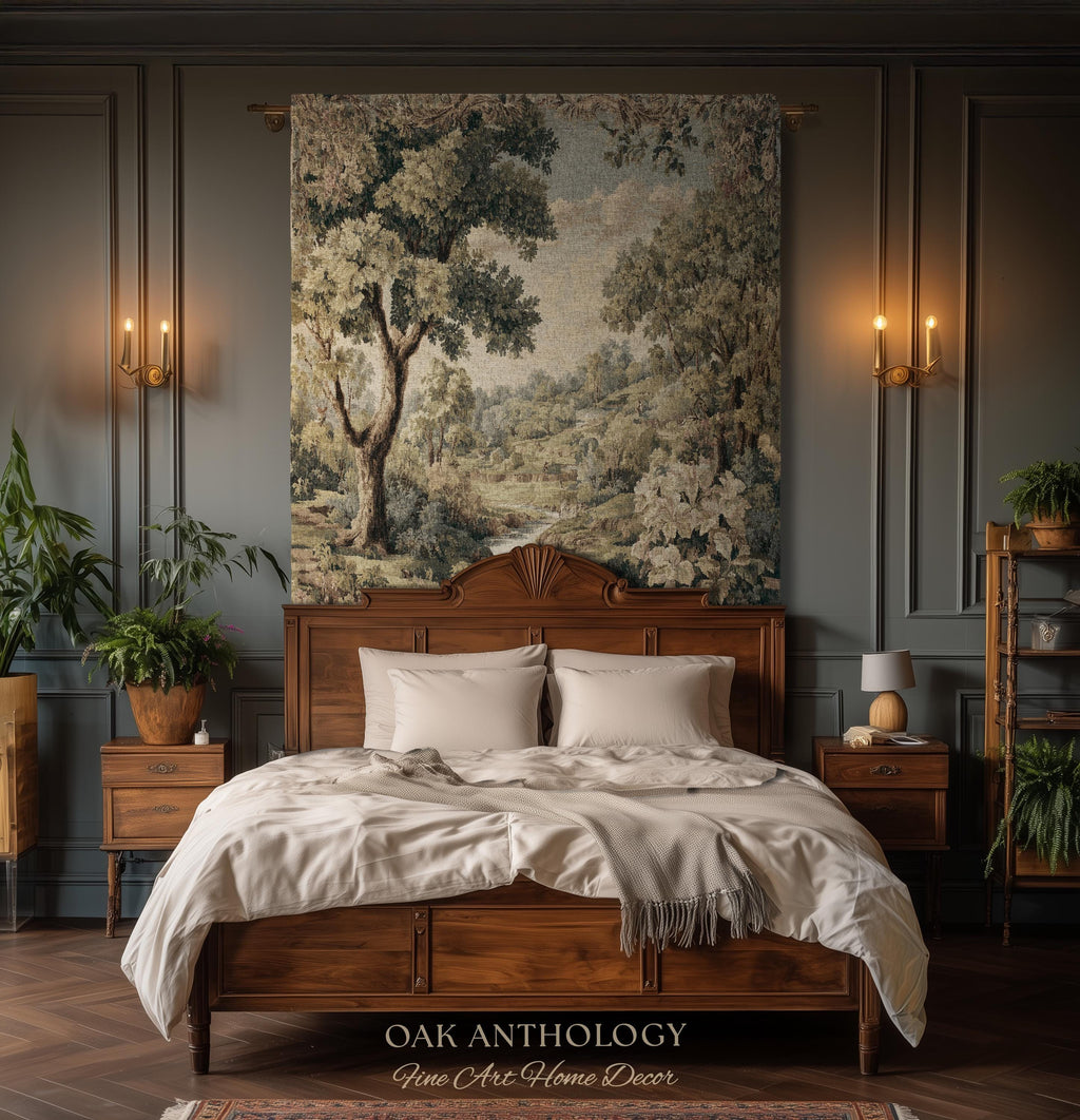 Sunlit Floral Meadow Stream Rolling Hills Countryside Woven Tapestry | Pastoral Landscape Throw Wall Hanging European Nature Botanical Art