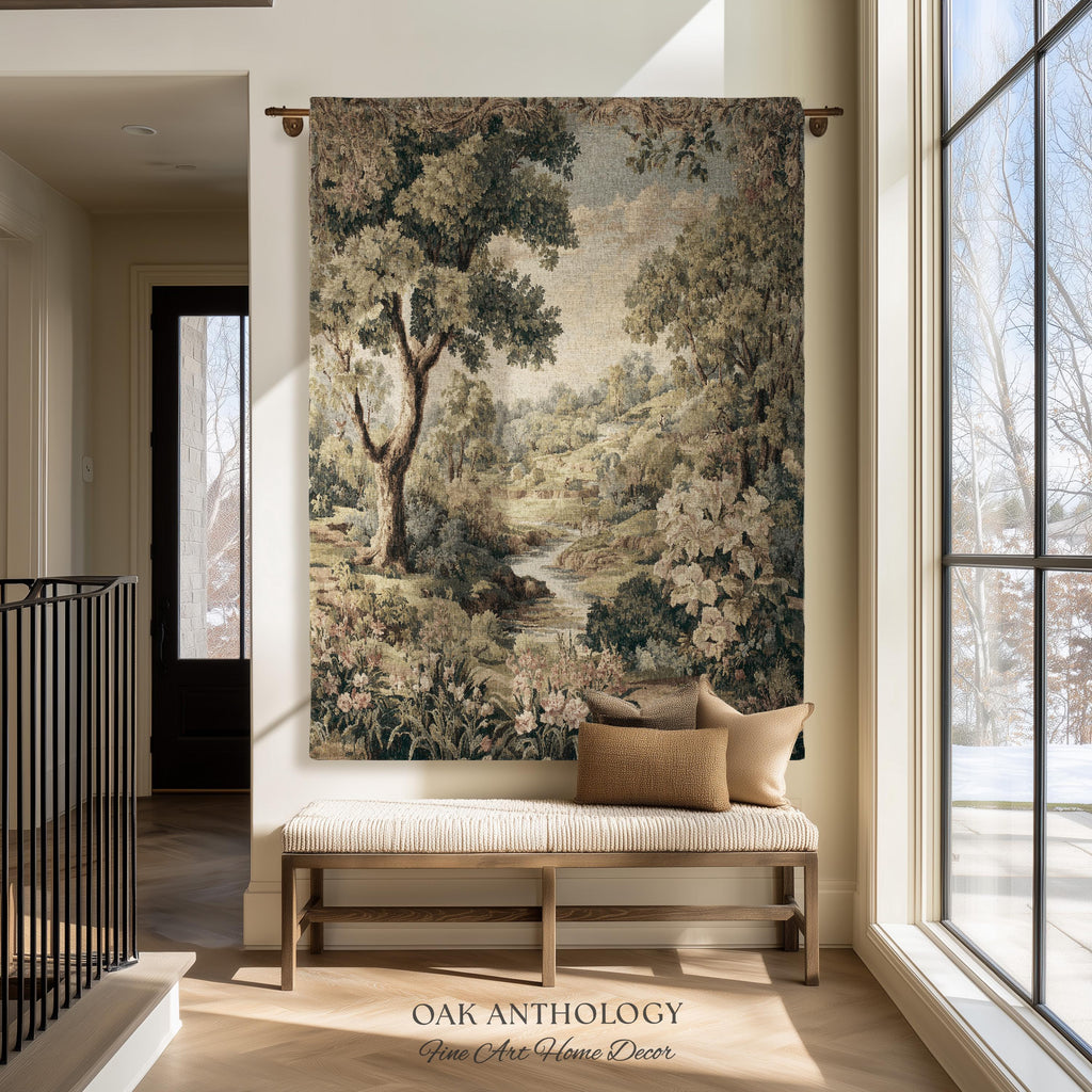 Sunlit Floral Meadow Stream Rolling Hills Countryside Woven Tapestry | Pastoral Landscape Throw Wall Hanging European Nature Botanical Art
