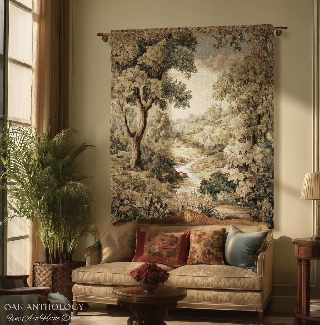 Sunlit Floral Meadow Stream Rolling Hills Countryside Woven Tapestry | Pastoral Landscape Throw Wall Hanging European Nature Botanical Art