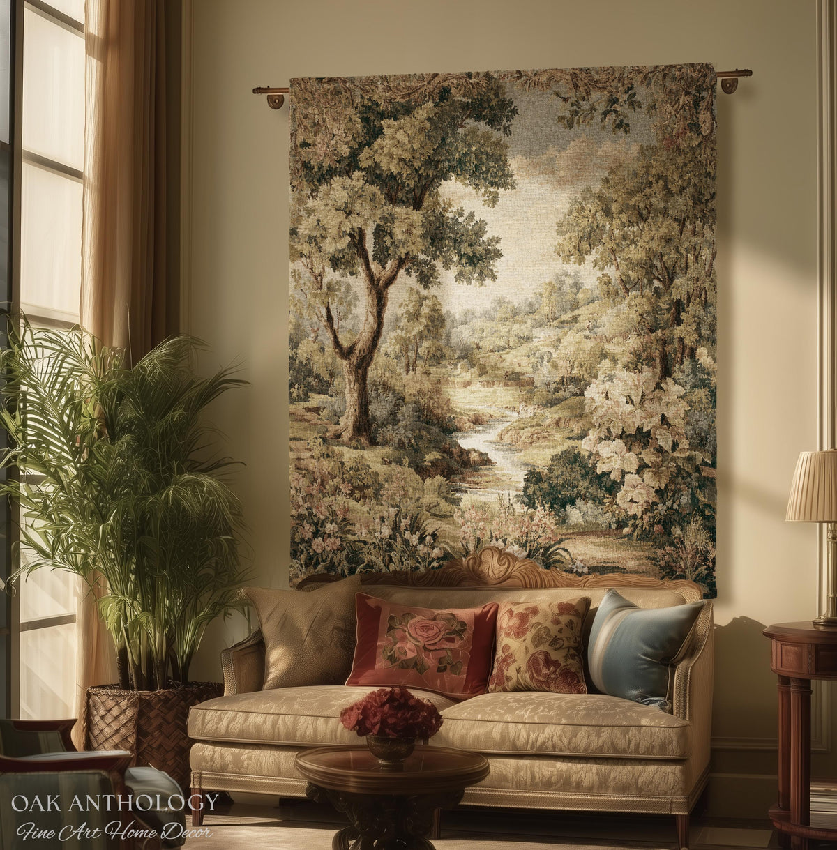 Sunlit Floral Meadow Stream Rolling Hills Countryside Woven Tapestry | Pastoral Landscape Throw Wall Hanging European Nature Botanical Art