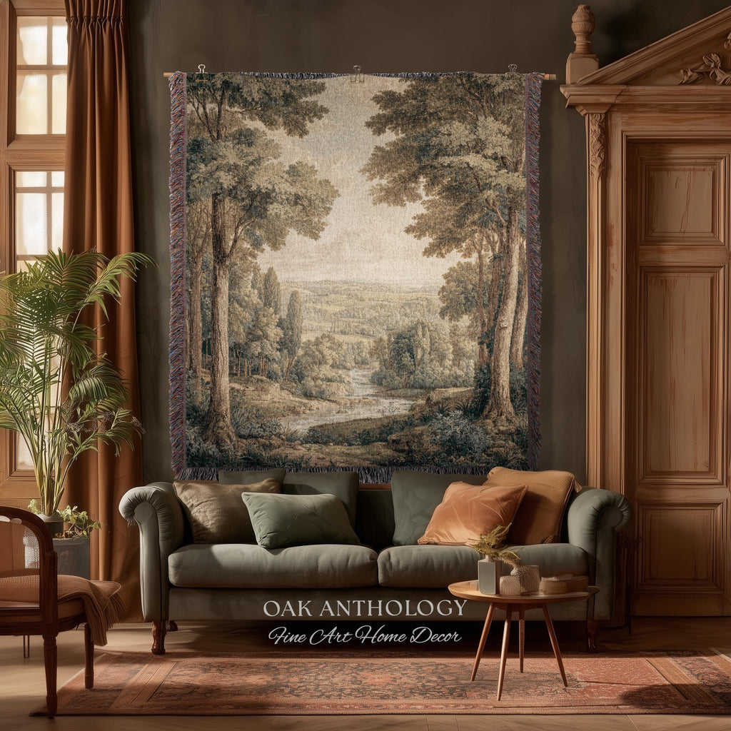 Classical Elegance River Valley Landscape Woven Tapestry Wall Hanging | Serene European Countryside Vintage Estate Style Rural Charm Decor