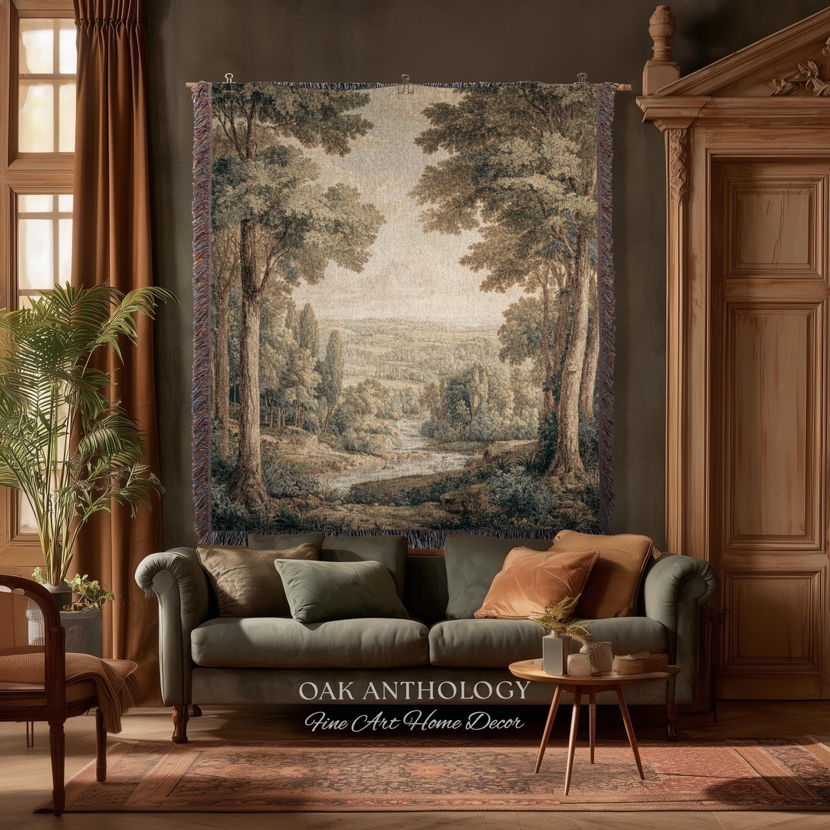 Classical Elegance River Valley Landscape Woven Tapestry Wall Hanging | Serene European Countryside Vintage Estate Style Rural Charm Decor