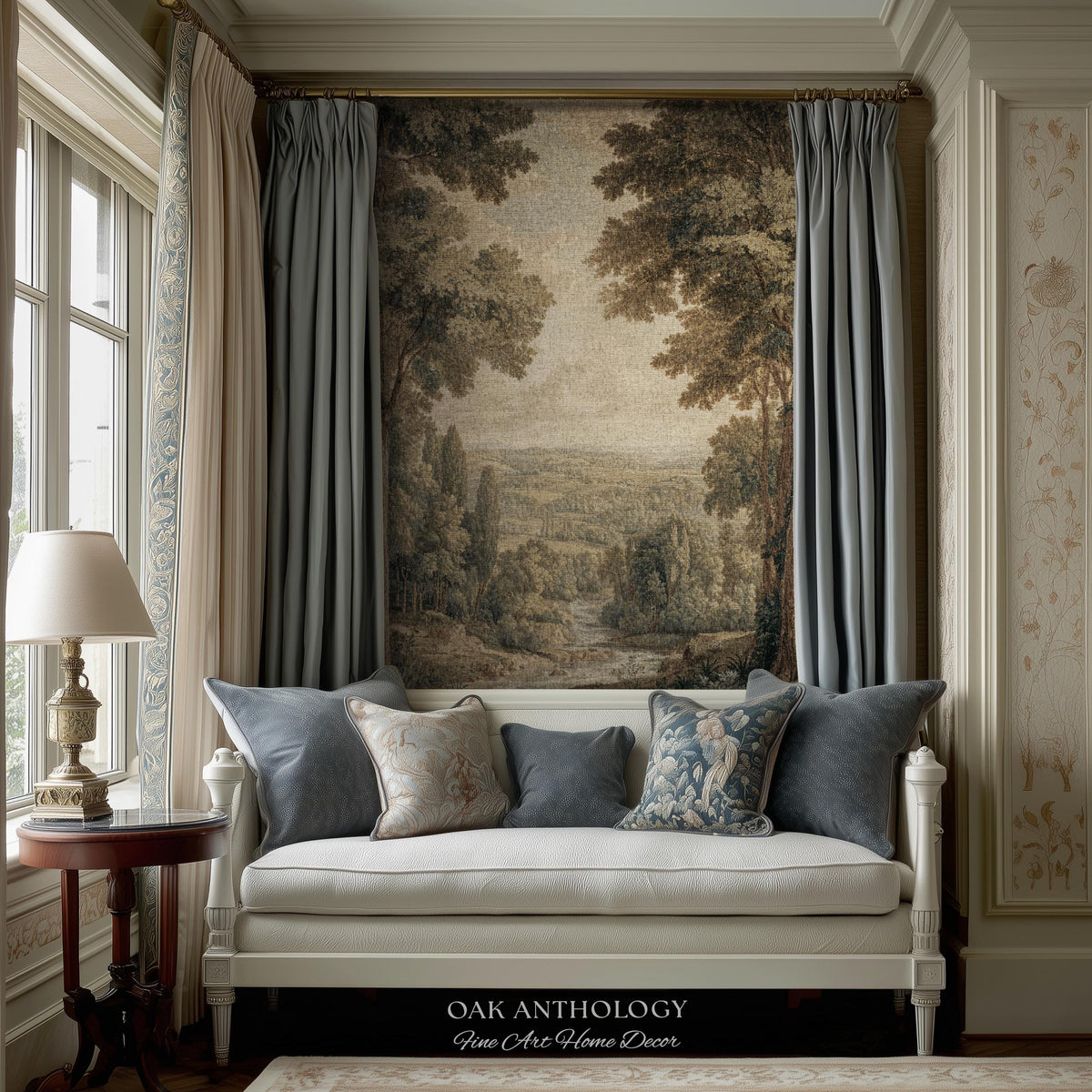 Classical Elegance River Valley Landscape Woven Tapestry Wall Hanging | Serene European Countryside Vintage Estate Style Rural Charm Decor