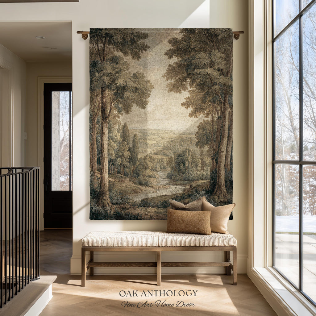 Classical Elegance River Valley Landscape Woven Tapestry Wall Hanging | Serene European Countryside Vintage Estate Style Rural Charm Decor