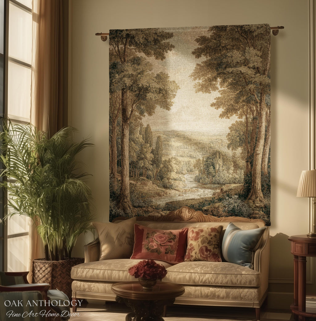 Classical Elegance River Valley Landscape Woven Tapestry Wall Hanging | Serene European Countryside Vintage Estate Style Rural Charm Decor
