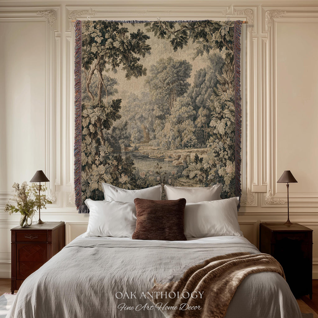 Elegant Rustic Art French Country Style Countryside Tapestry Woven Wall Hanging, Peaceful Nature Romantic Classical Charm Scenic River Decor