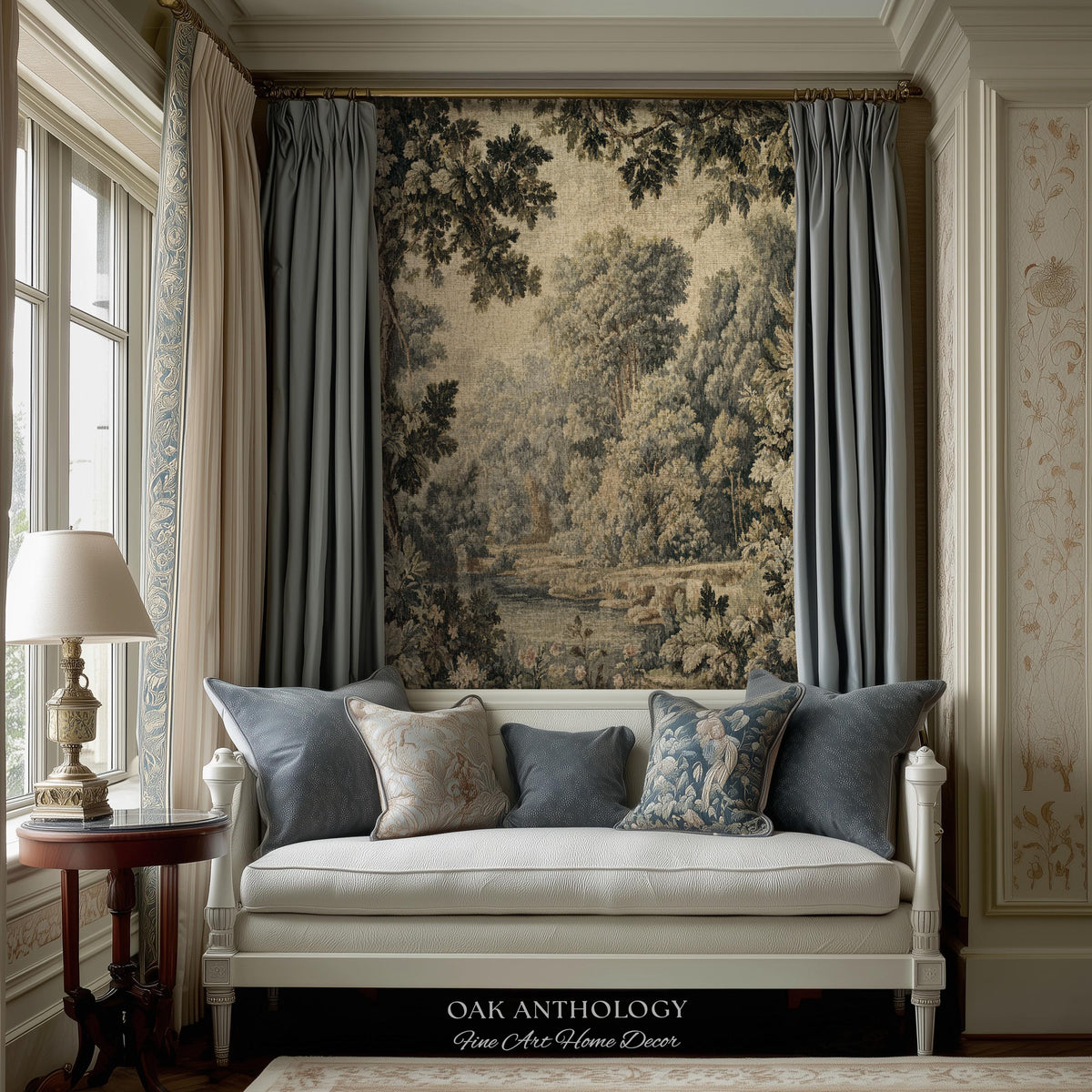 Elegant Rustic Art French Country Style Countryside Tapestry Woven Wall Hanging, Peaceful Nature Romantic Classical Charm Scenic River Decor