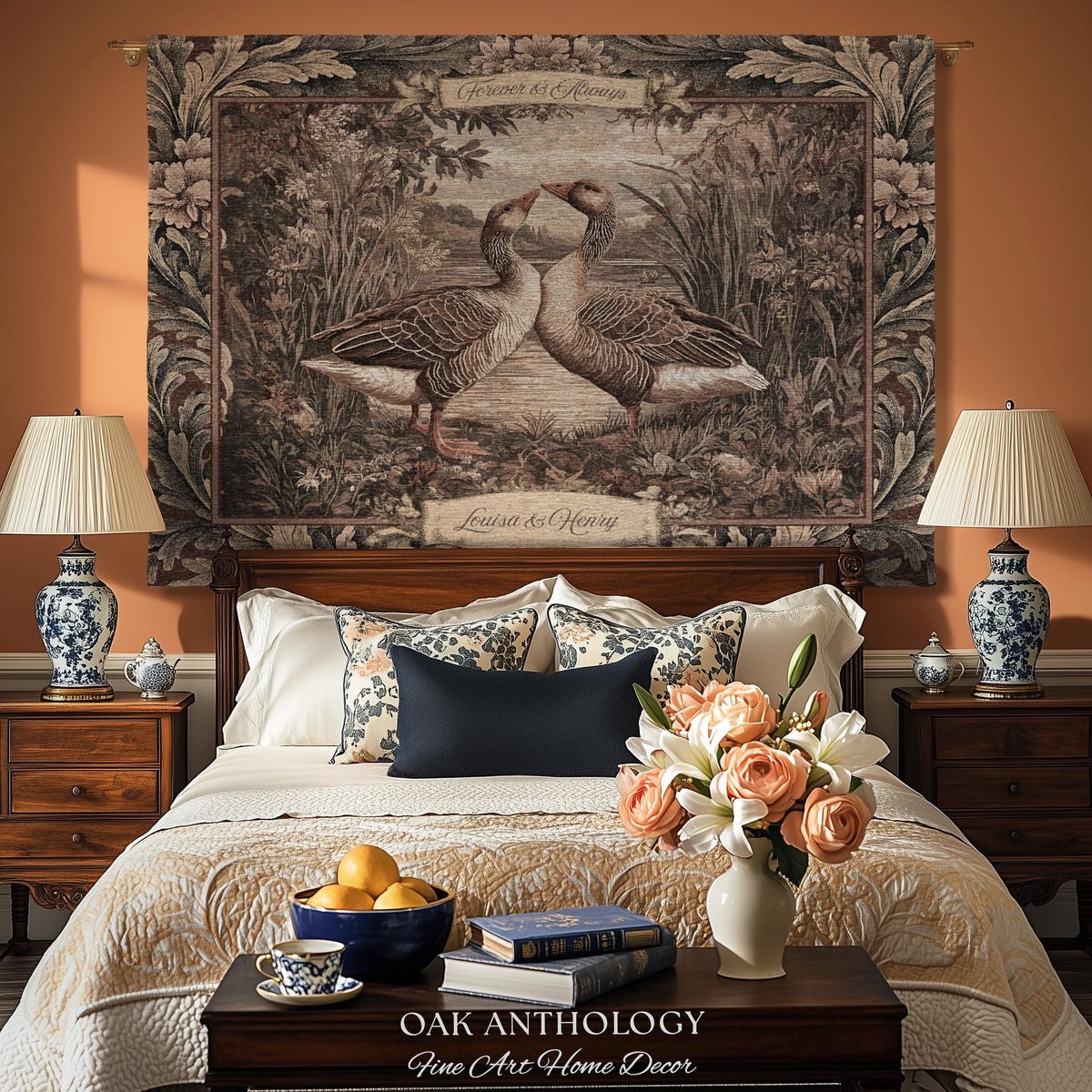 Old World Romance Goose Lovers Woven Tapestry Wall Hanging Throw Blanket | French Verdure Custom Names Wedding Anniversary Marriage Keepsake