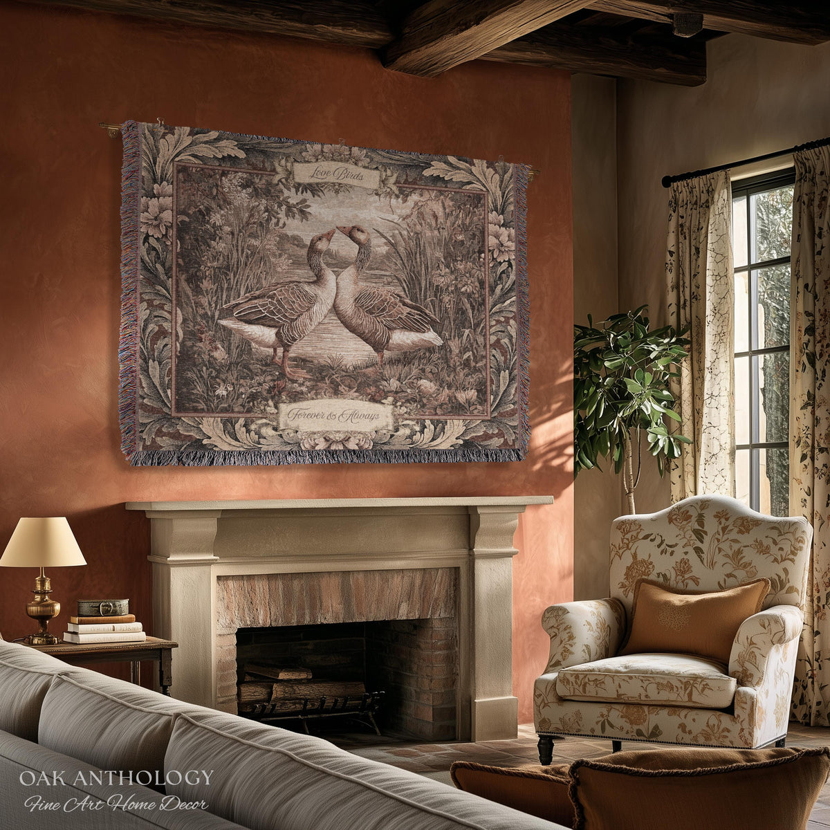 Old World Romance Goose Lovers Woven Tapestry Wall Hanging Throw Blanket | French Verdure Custom Names Wedding Anniversary Marriage Keepsake