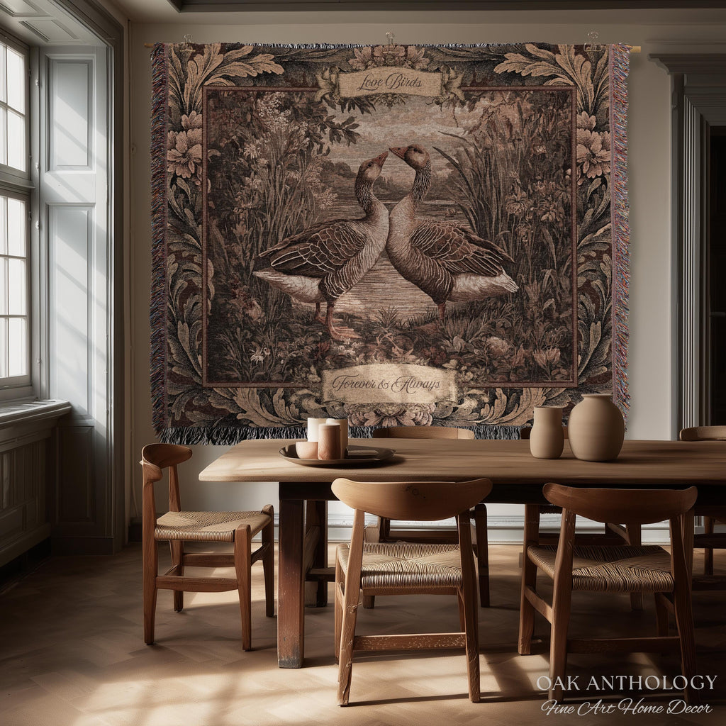 Old World Romance Goose Lovers Woven Tapestry Wall Hanging Throw Blanket | French Verdure Custom Names Wedding Anniversary Marriage Keepsake
