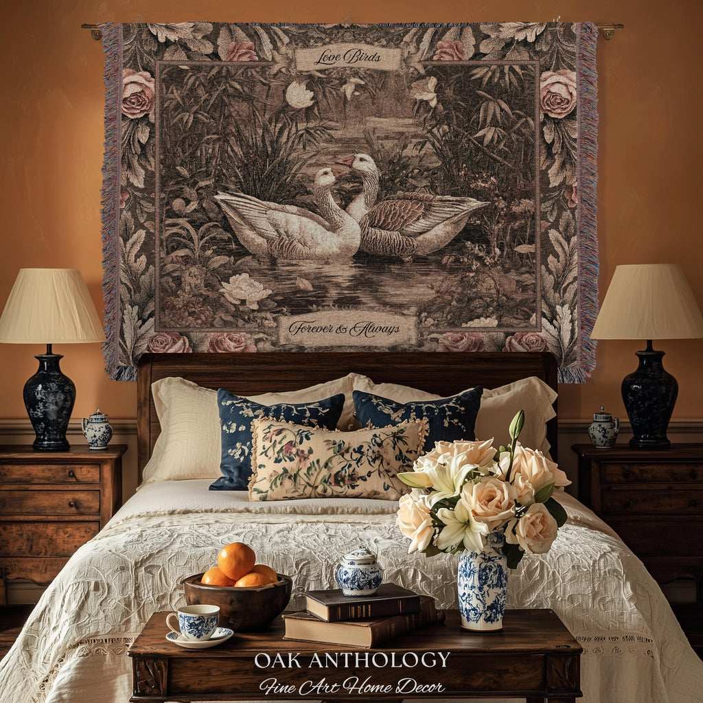 Nostalgic Aesthetic Whimsical Cottage Style Goose Decor Woven Wall Tapestry Throw Blanket | Custom Name Couple Wedding Anniversary Present