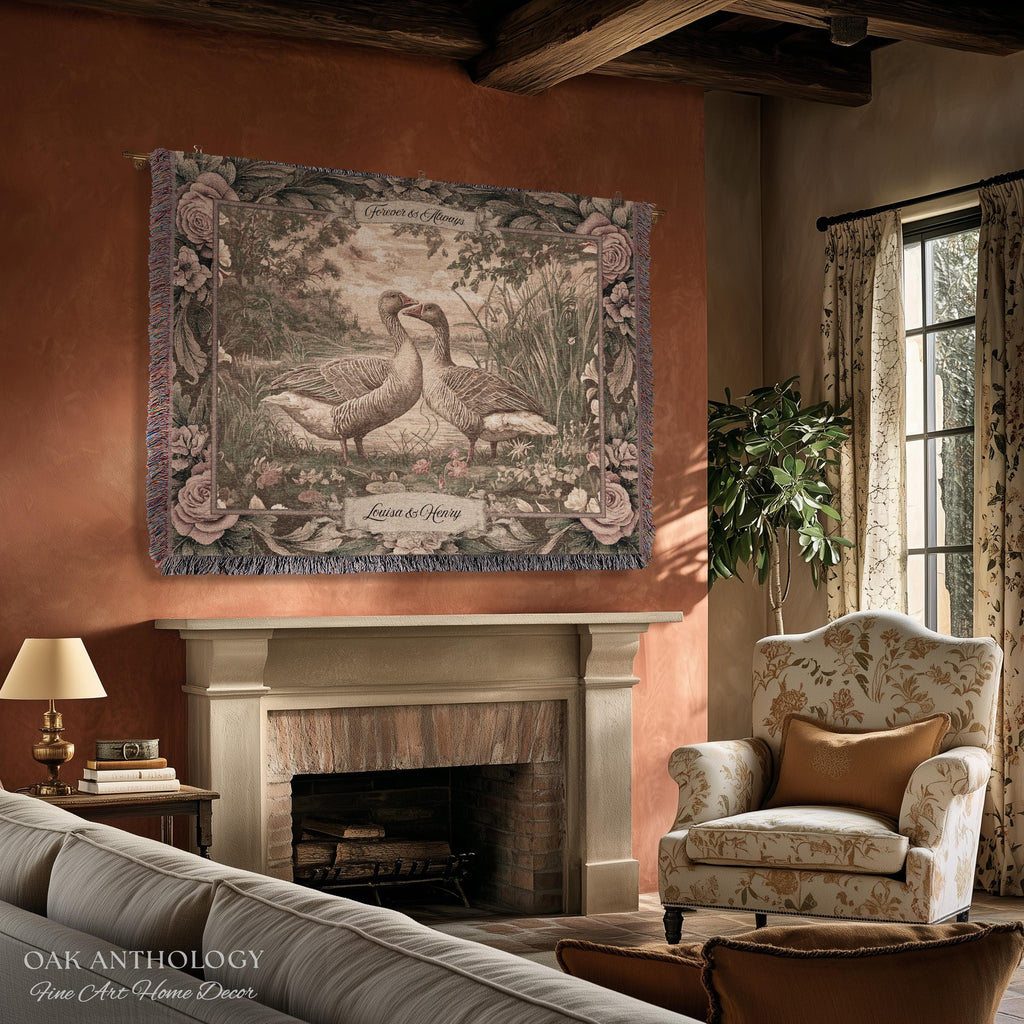 Traditional Romantic Vintage Goose Art Tapestry Throw Blanket Wall Hanging | Timeless Mr and Mrs Decor Wedding Anniversary Love Story Gift