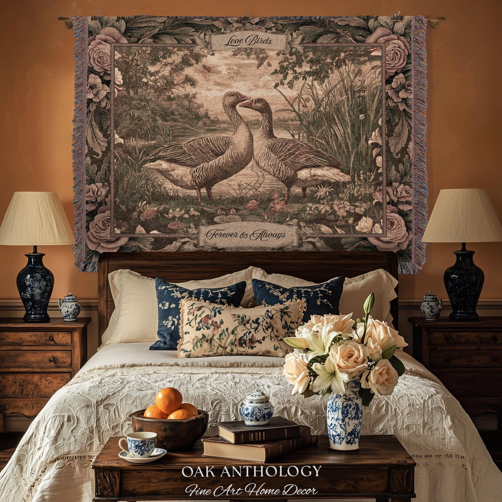 Traditional Romantic Vintage Goose Art Tapestry Throw Blanket Wall Hanging | Timeless Mr and Mrs Decor Wedding Anniversary Love Story Gift