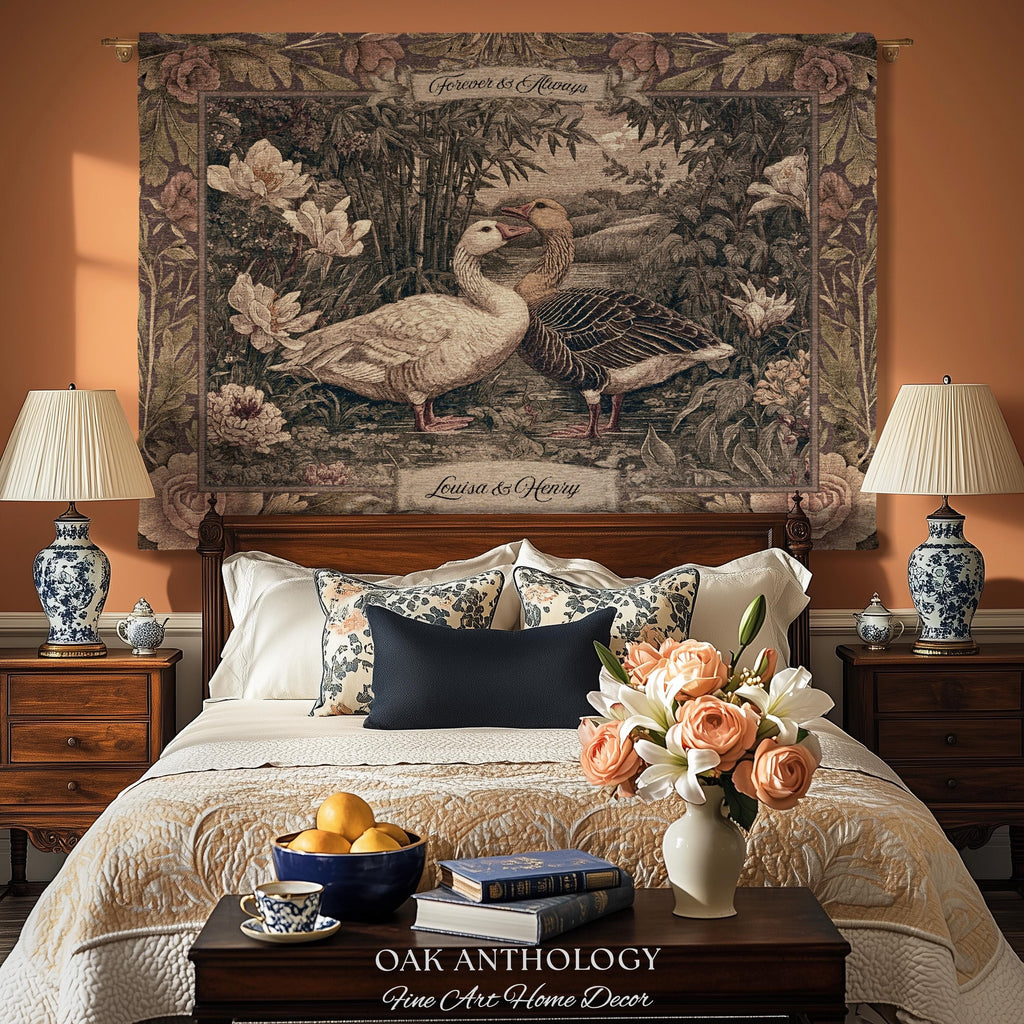 Heritage Nature Whimsical Goose Art Woven Wall Tapestry Throw Blanket Custom Names | Mr and Mrs Gift Engagement Anniversary Legacy Keepsake