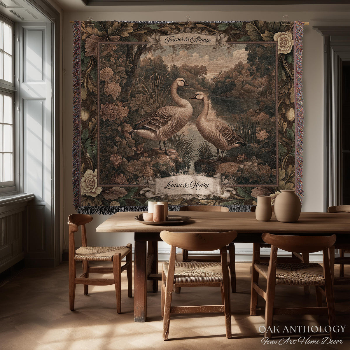 Quiet Elegance Timeless Romantic Kissing Geese Woven Tapestry Wall Hanging | Names Throw Blanket Wedding Anniversary Newlywed Keepsake