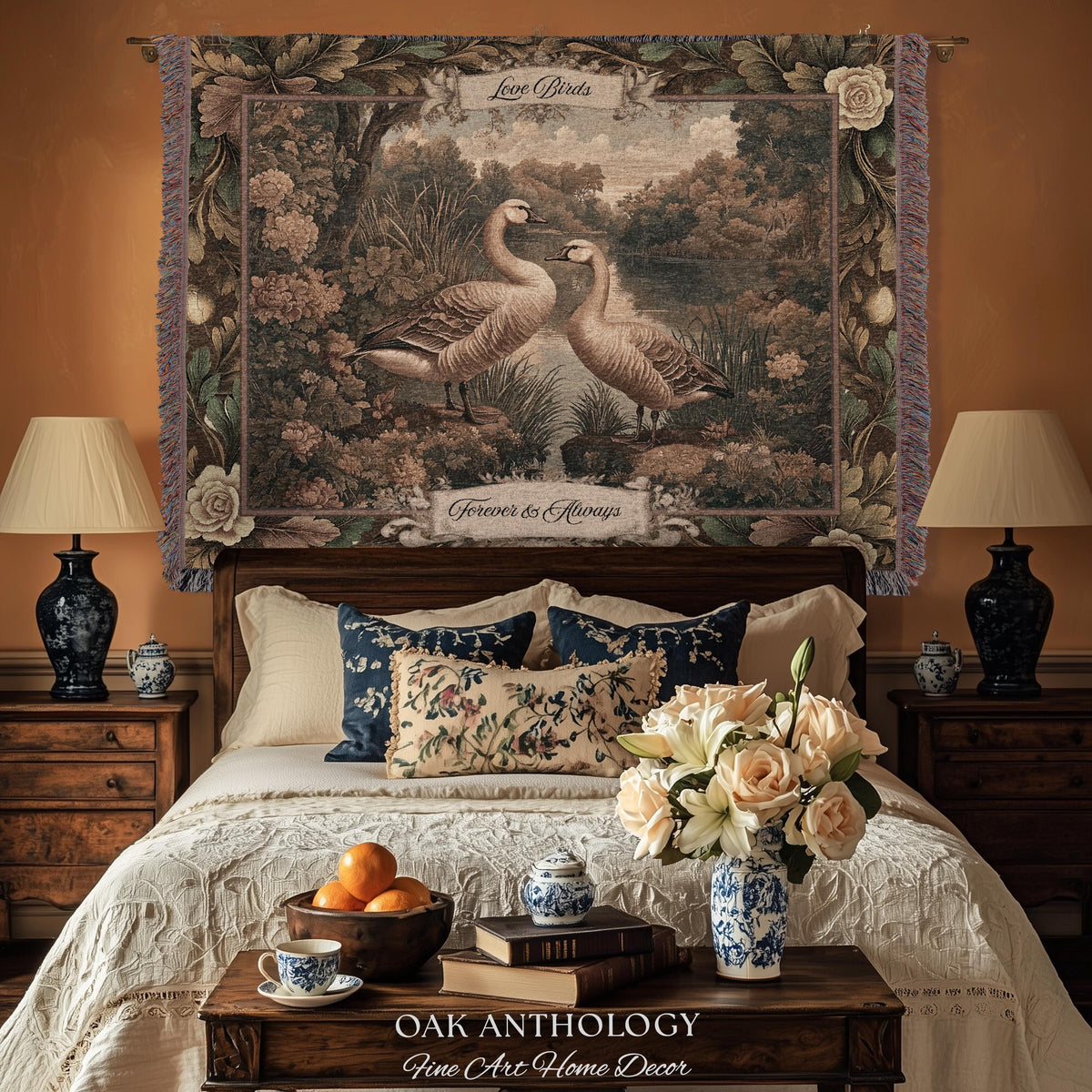 Quiet Elegance Timeless Romantic Kissing Geese Woven Tapestry Wall Hanging | Names Throw Blanket Wedding Anniversary Newlywed Keepsake