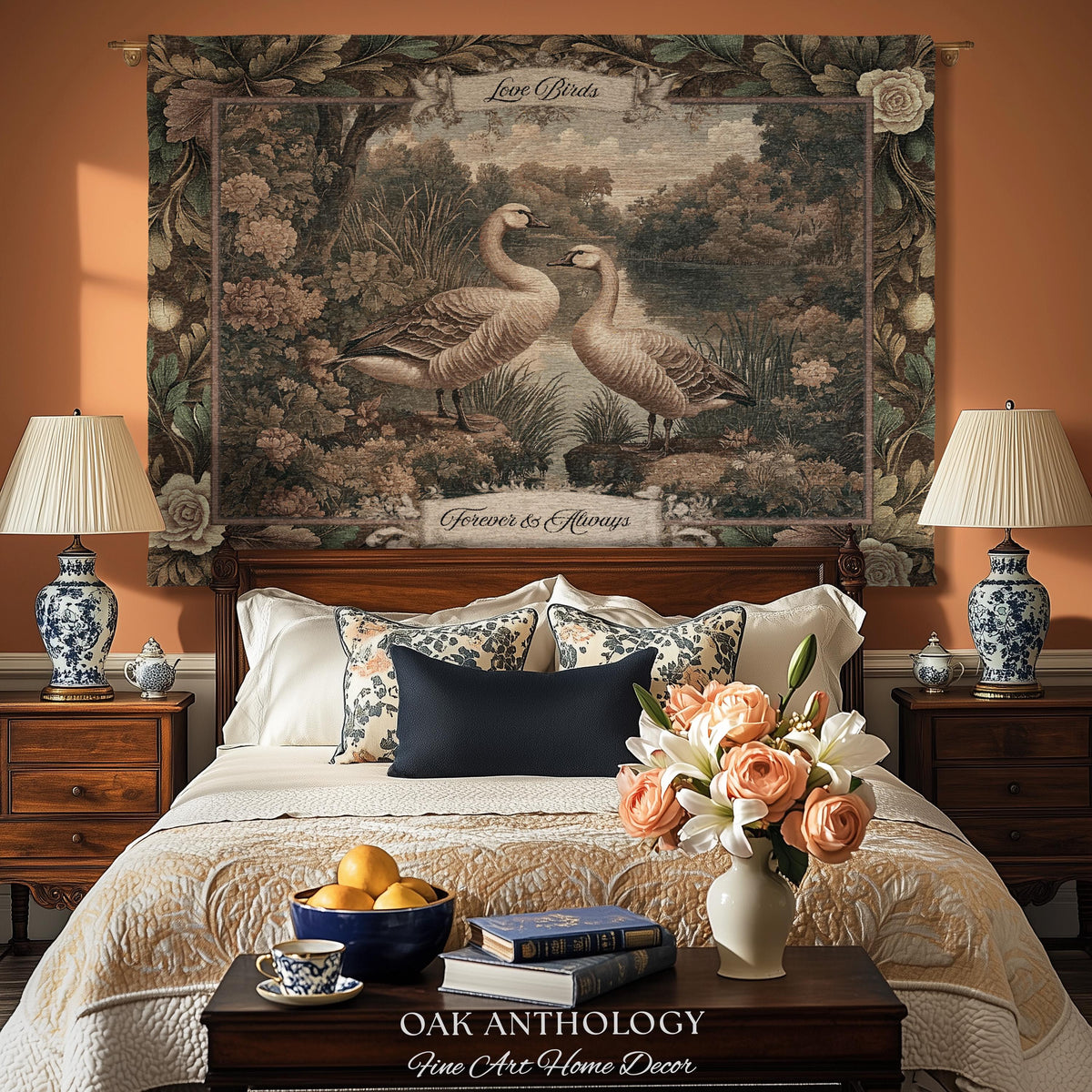 Quiet Elegance Timeless Romantic Kissing Geese Woven Tapestry Wall Hanging | Names Throw Blanket Wedding Anniversary Newlywed Keepsake