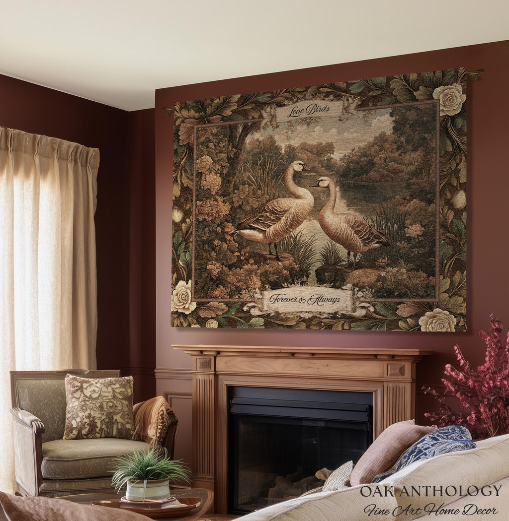 Quiet Elegance Timeless Romantic Kissing Geese Woven Tapestry Wall Hanging | Names Throw Blanket Wedding Anniversary Newlywed Keepsake