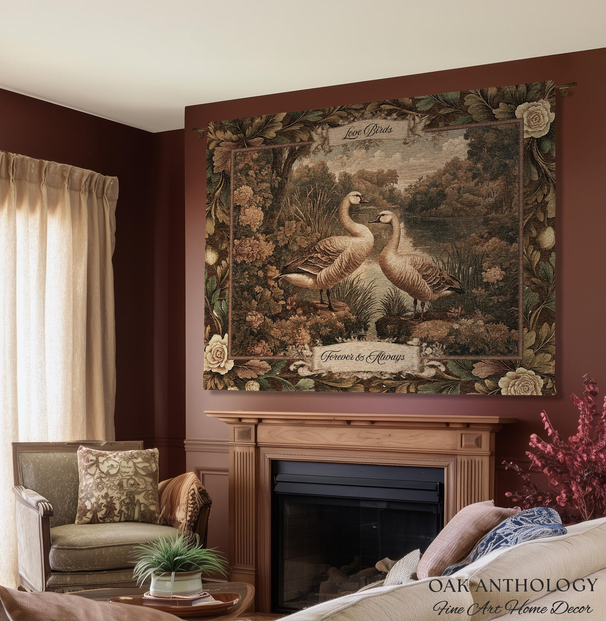 Quiet Elegance Timeless Romantic Kissing Geese Woven Tapestry Wall Hanging | Names Throw Blanket Wedding Anniversary Newlywed Keepsake