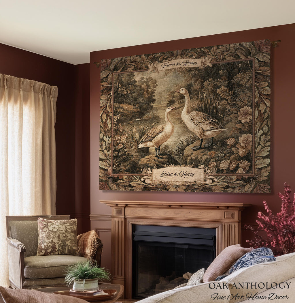 Heirloom Style River Woodland Wild Geese Couple Art Woven Tapestry Wall Hanging Throw | Custom Wedding Blanket Anniversary Meaningful Gifts